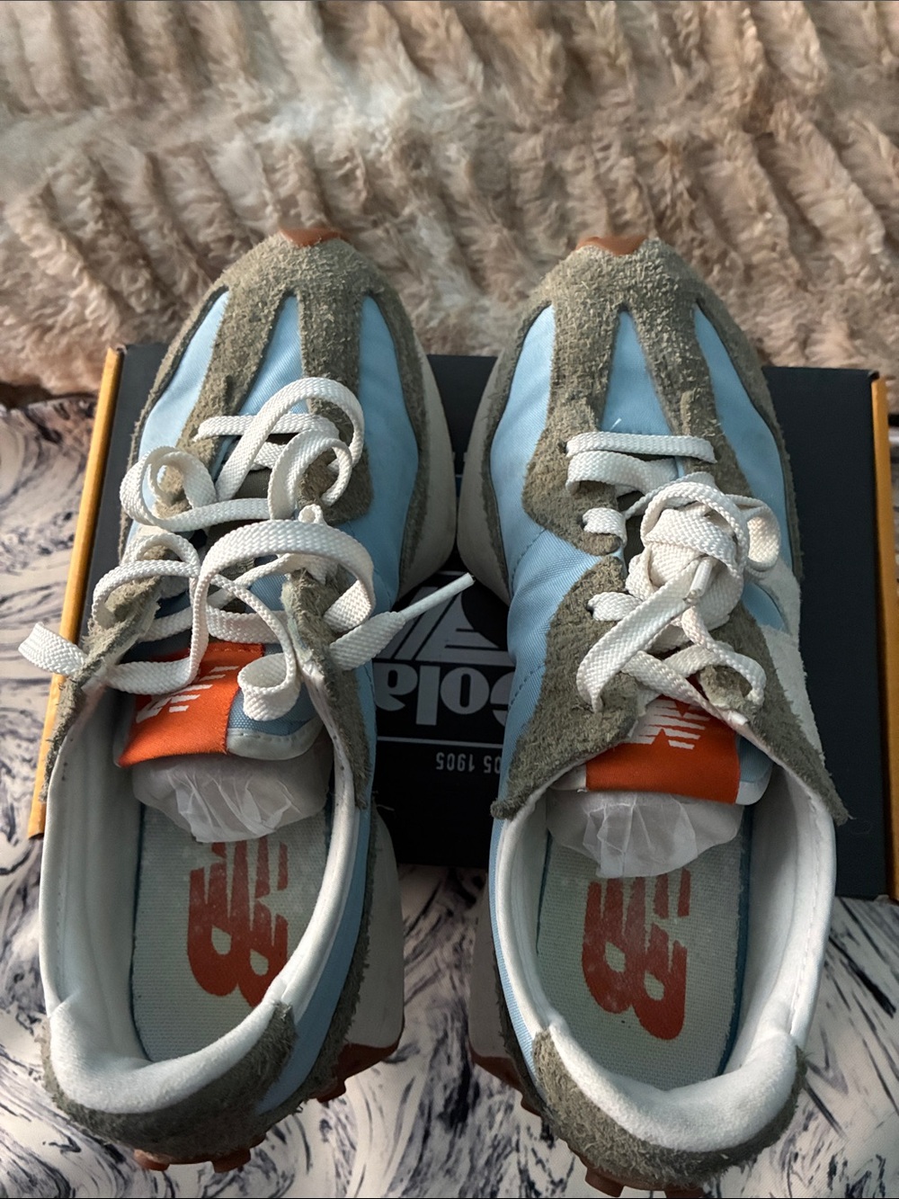 New Balance Women Light Blue and green Suede-Trim Sneakers with Orange Tongue